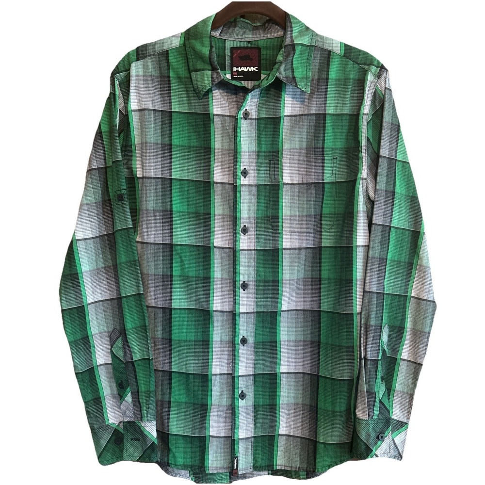 Tony Hawk Shirt Men's Green Plaid Button Down Long Sleeve Pocket Collared MEDIUM